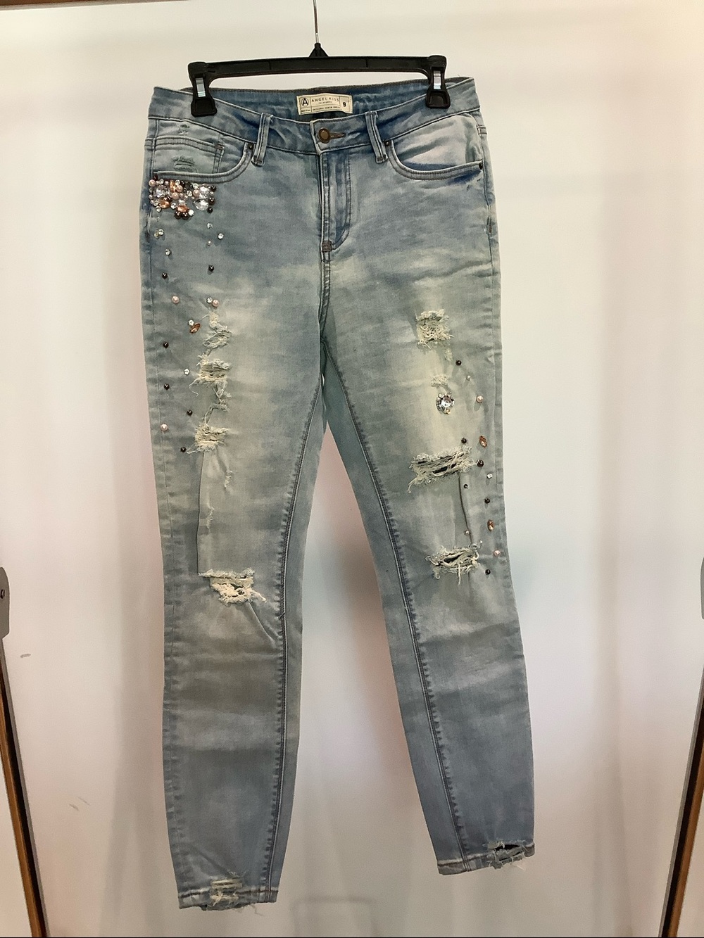 Angel Kiss Embellished Light Blue Denim Skinny Jeans, Size 9